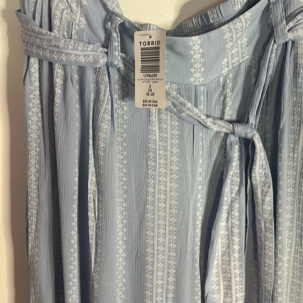 Torrid Light Blue Geo Stripe Gauze Self Tie Wide Leg Pant - Picture 7 of 9